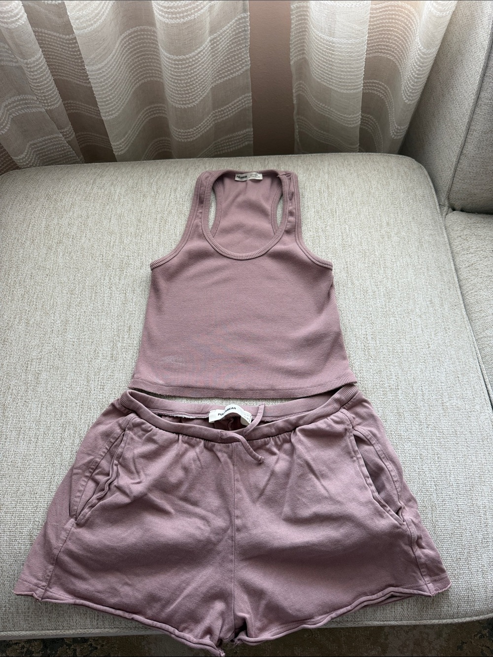 Pull and Bear Soft Ribbed Tank & Lounge Shorts Set - Dusty Mauve